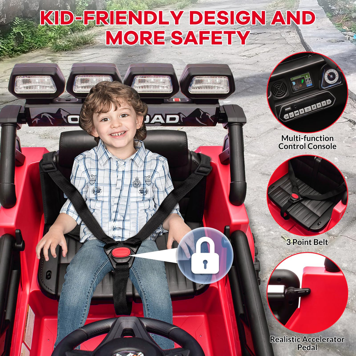 Garvee Rot Kinder Elektroauto Geländewagen 12V mit Fernbedienung, 2-Sitzer, 5 km/h, Musik & LED-Lichter, 3-5 Jahre