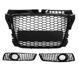Garvee RS3 Style Kühlergrill Set für Audi A3 8P Facelift 2008–2012, Wabengrill aus ABS mit Nebelscheinwerfer-Gittern & schwarzen Zierringen, Hochglanz Schwarz