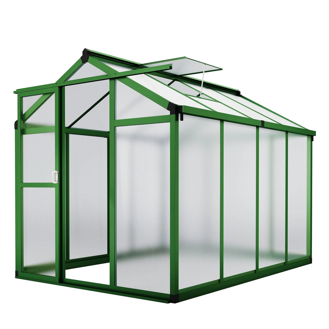 Garvee Aluminium-Gewächshaus 241 × 180 × 192 cm, Gartengewächshaus mit 720 g/m² Polycarbonatplatten, Schiebetür, Dachfenster mit Aluminiumstütze, Regenrinne & Bodenankern, Grün