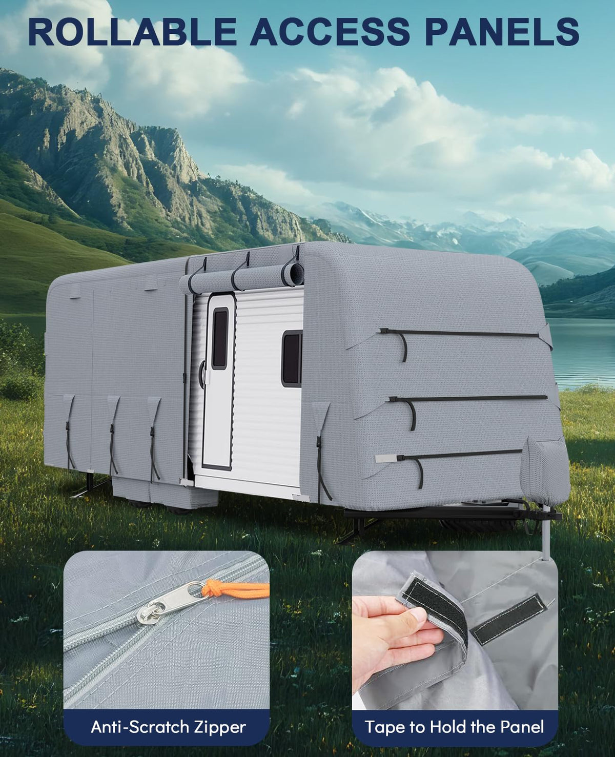 Garvee Wohnwagen-Abdeckung 9,1 × 2,7 × 2,7 m, wasserdichte reißfeste Wohnmobil-Schutzhülle mit 4 Gurten & 4 Reifenabdeckungen, Grau