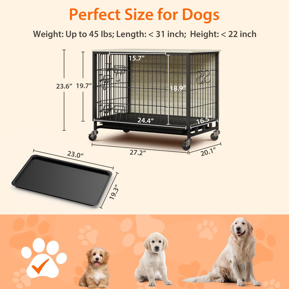 Garvee Hundebox-Möbel für Hunde bis 20 kg, Innenmaß 70 × 51 × 60 cm, mit 2 Türen, herausnehmbarer Bodenschale, 360°-Rollen und Standfüßen, Spanplatte & Stahl