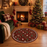 Garvee Weihnachtsteppich rund 120x120 cm Weihnachtsmann Rentiere Waschbar Polyesterfaser TPR rutschfest Kurzflor Wohnzimmer Schlafzimmer Esszimmer - Retro-Rot