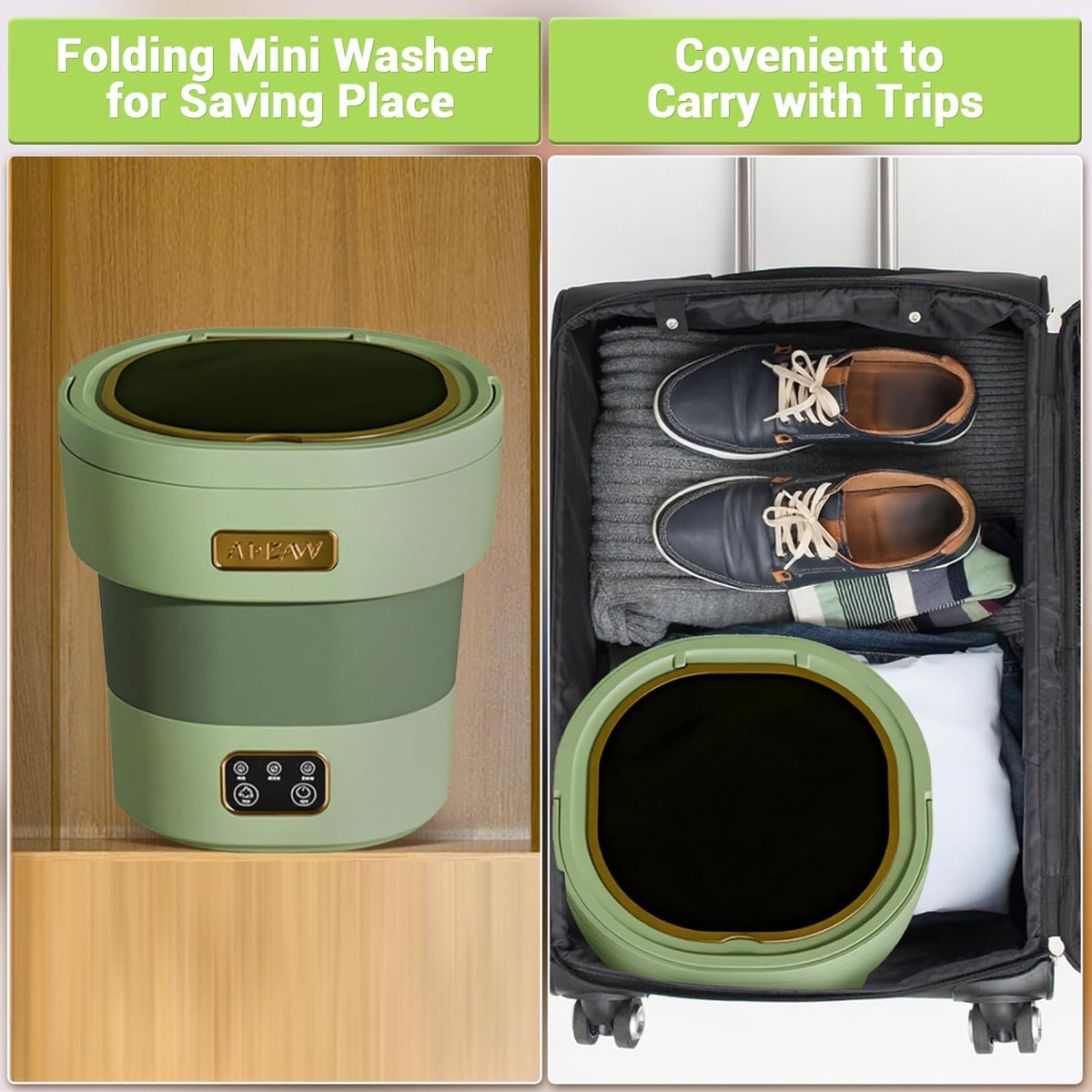 Grüne platzsparende Mini Waschmaschine für Camping Wohnmobil und Zuhause
