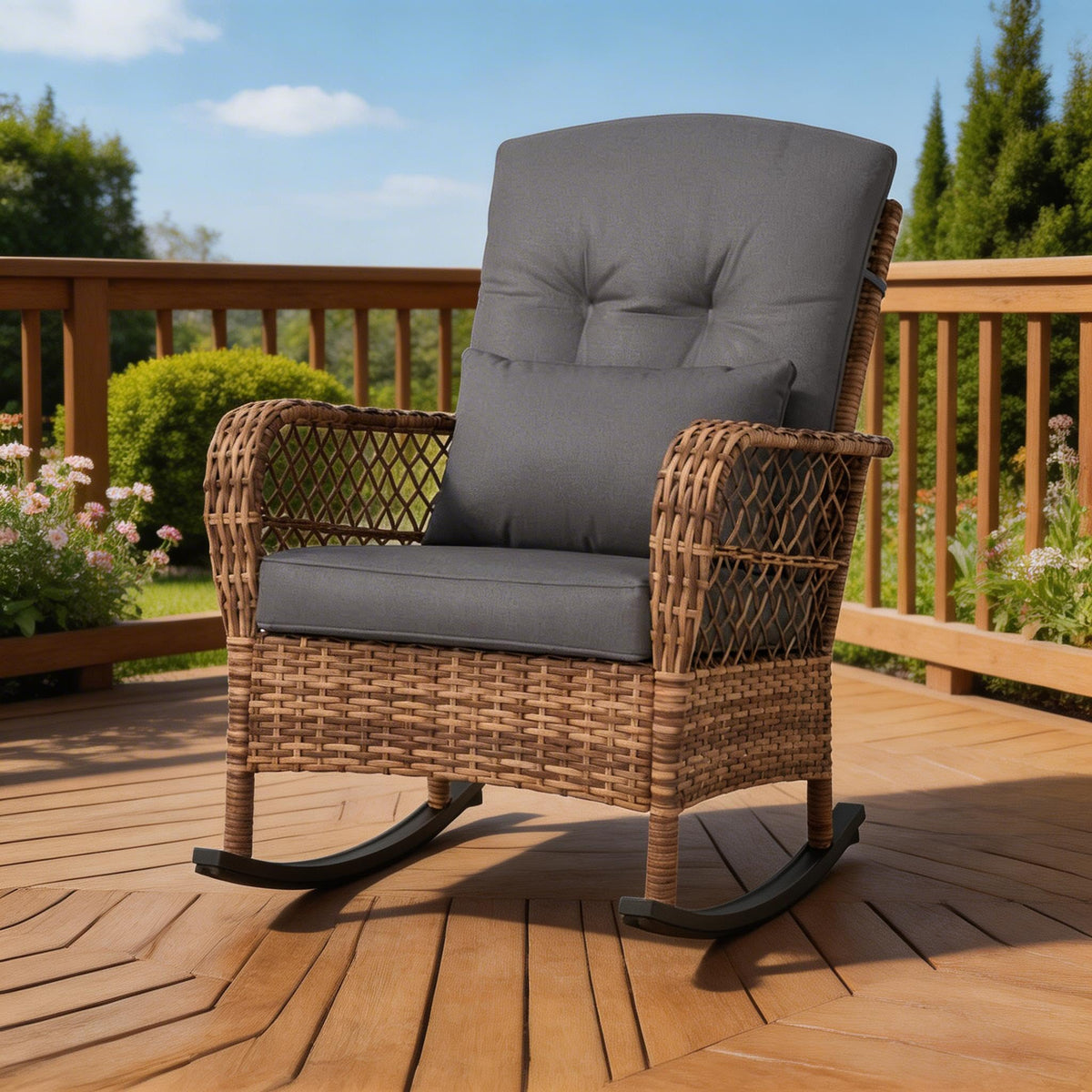 Garvee Garten-Schaukelstuhl mit Kissen in Rattan-Optik für Terrasse & Garten
