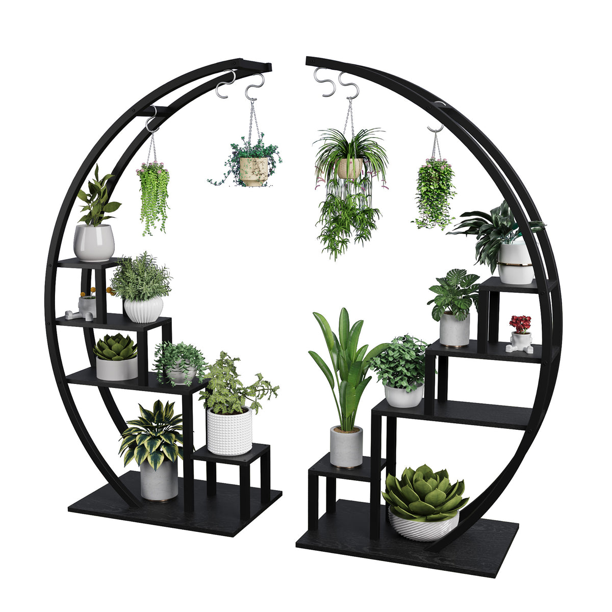 Garvee Pflanzenregal 2er Set, Halbmond Blumenständer mit 5 Ebenen je Regal, Metall Pflanzenständer mit 6 Haken, 142 × 60 × 40 cm, für Wohnzimmer und Balkon