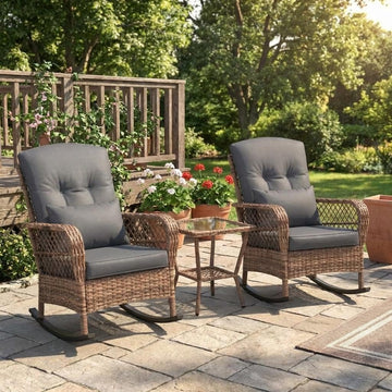 Garvee Gartenmöbel-Set 3-teilig mit 2 Schaukelstühlen & Tisch, Rattan-Optik, mit Kissen