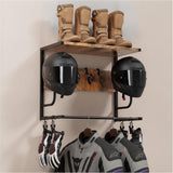 Garvee Helmhalter Wand mit Holzablage, Motorradhelm-Halterung bis 10 kg mit Kleiderstange & 4 Haken, Wandhalter für Helm, Jacke, Handschuhe & Zubehör