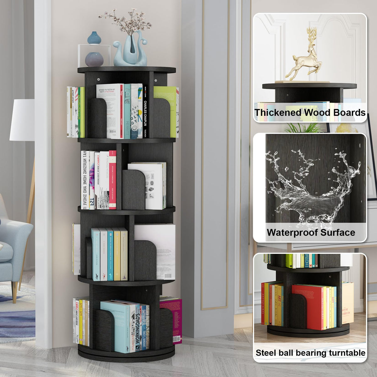 GARVEE Drehbares Bücherregal 360°, 4 Ebenen, 40 × 40 × 130 cm, Holz & Metall, Schwarz – für Wohnzimmer & Büro