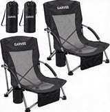 Garvee Niedriger Strandstuhl mit atmungsaktivem Mesh, klappbar, pulverbeschichteter Stahlrahmen, Getränkehalter, leicht tragbar für Strand und Park - Schwarz-2Pcs