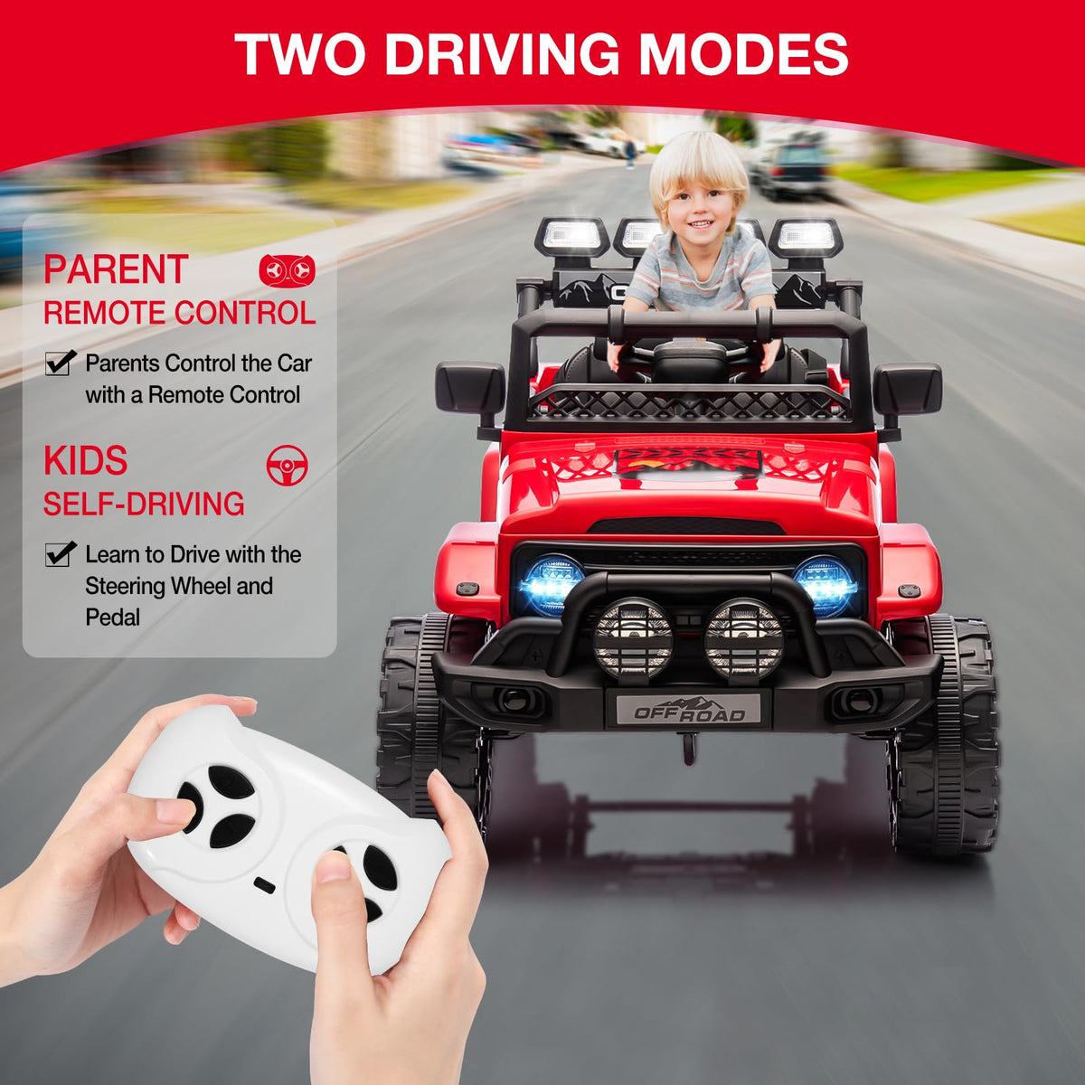 Garvee Rot Kinder Elektroauto Geländewagen 12V mit Fernbedienung, 2-Sitzer, 5 km/h, Musik & LED-Lichter, 3-5 Jahre