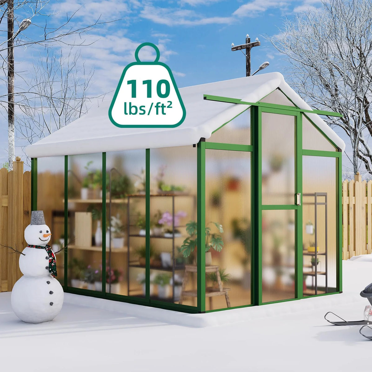 Garvee Aluminium-Gewächshaus 241 × 180 × 192 cm, Gartengewächshaus mit 720 g/m² Polycarbonatplatten, Schiebetür, Dachfenster mit Aluminiumstütze, Regenrinne & Bodenankern, Grün