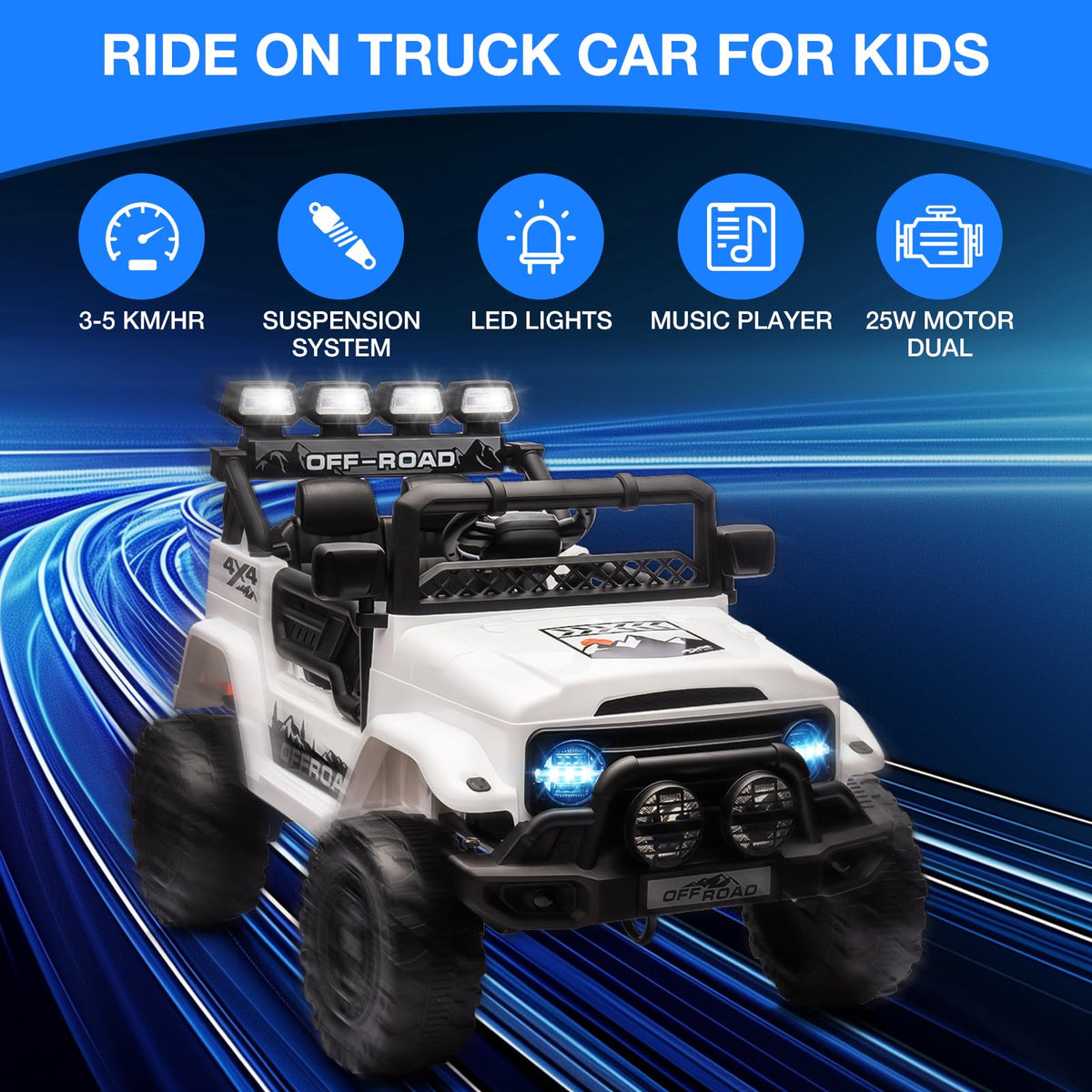 Garvee Weiß Kinder Elektroauto Geländewagen 12V mit Fernbedienung, 2-Sitzer, 5 km/h, Musik & LED-Lichter, 3-5 Jahre