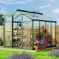 Garvee Aluminium-Gewächshaus 241 × 180 × 192 cm, Gartengewächshaus mit 720 g/m² Polycarbonatplatten, Schiebetür, Dachfenster mit Aluminiumstütze, Regenrinne & Bodenankern, Grün