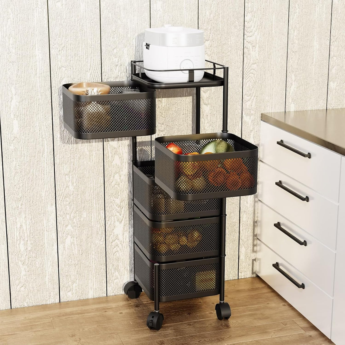 Garvee Küchenregal mit Rollen, 360° drehbares Eckregal aus Metall, platzsparender Rollwagen mit Bremsen, für Küche und Bad, 94 × 28 × 28 cm