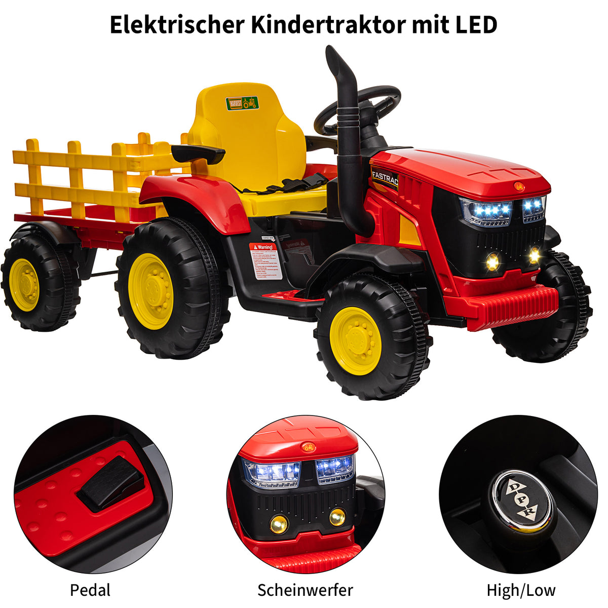 Garvee Kinder-Elektrotraktor 12 V mit abnehmbarem Anhänger, 2 × 35 W Motoren, Selbstfahrmodus und Eltern-Fernbedienung, LED-Licht und Musik, ab 3 Jahren