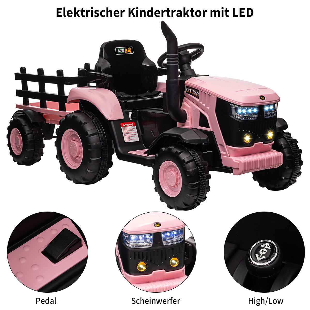 Garvee Kinder-Elektrotraktor 12 V mit abnehmbarem Anhänger, 2 × 35 W Motoren, Selbstfahrmodus und Eltern-Fernbedienung, LED-Licht und Musik, ab 3 Jahren