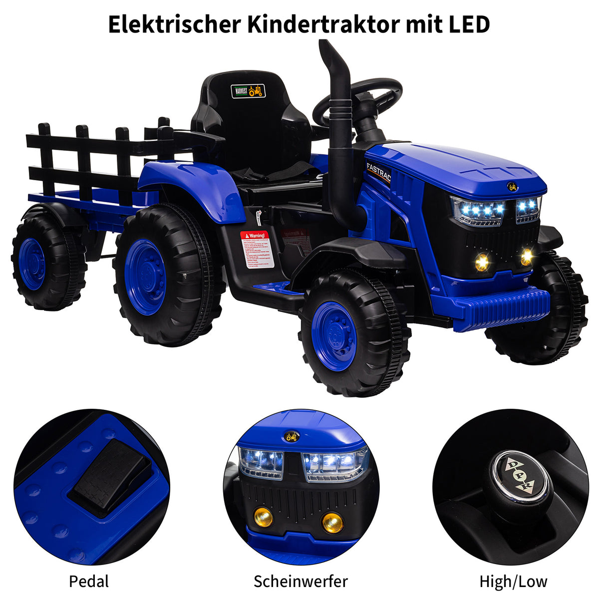 Garvee Kinder-Elektrotraktor 12 V mit abnehmbarem Anhänger, 2 × 35 W Motoren, Selbstfahrmodus und Eltern-Fernbedienung, LED-Licht und Musik, ab 3 Jahren