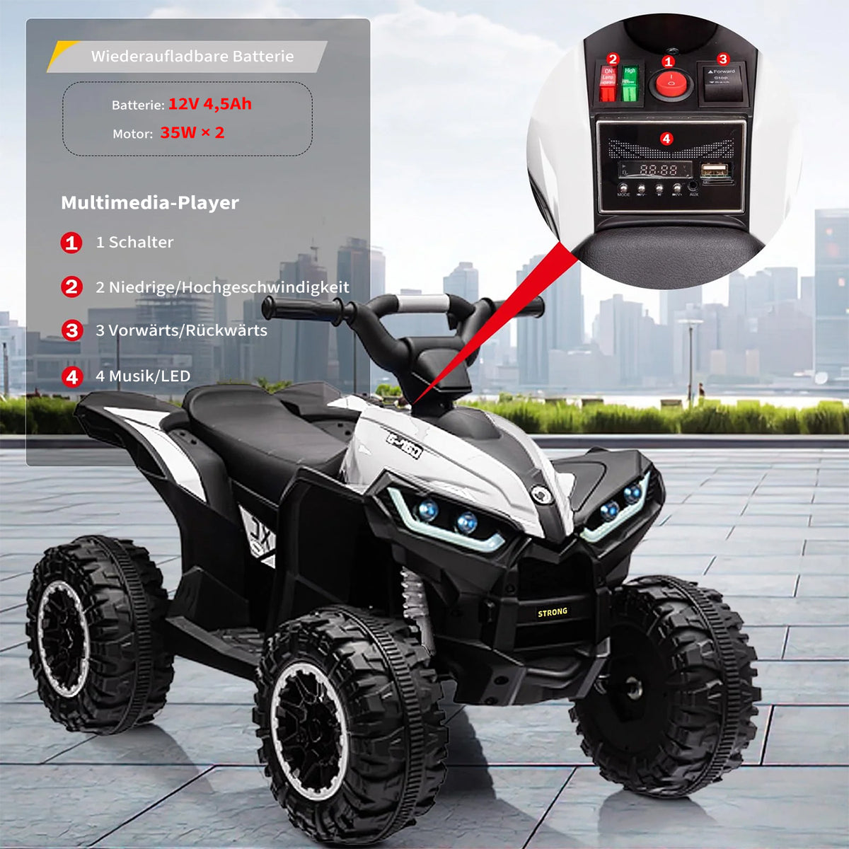 Garvee 12V Kinder-Quad, elektrisches ATV für Kinder mit Musikfunktion, Hupe und LED-Scheinwerfern, für Kinder von 3 bis 8 Jahren
