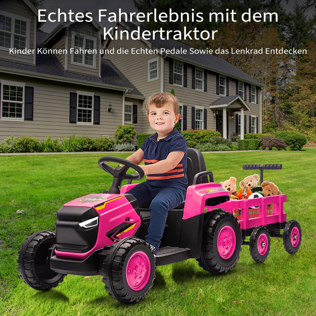 Garvee Kinder-Elektrotraktor 12 V mit Doppelmotor, 2 Geschwindigkeiten, LED-Licht, Hupe und Traktorengeräuschen, Aufsitzfahrzeug für Garten und Hof, ab 3 Jahren