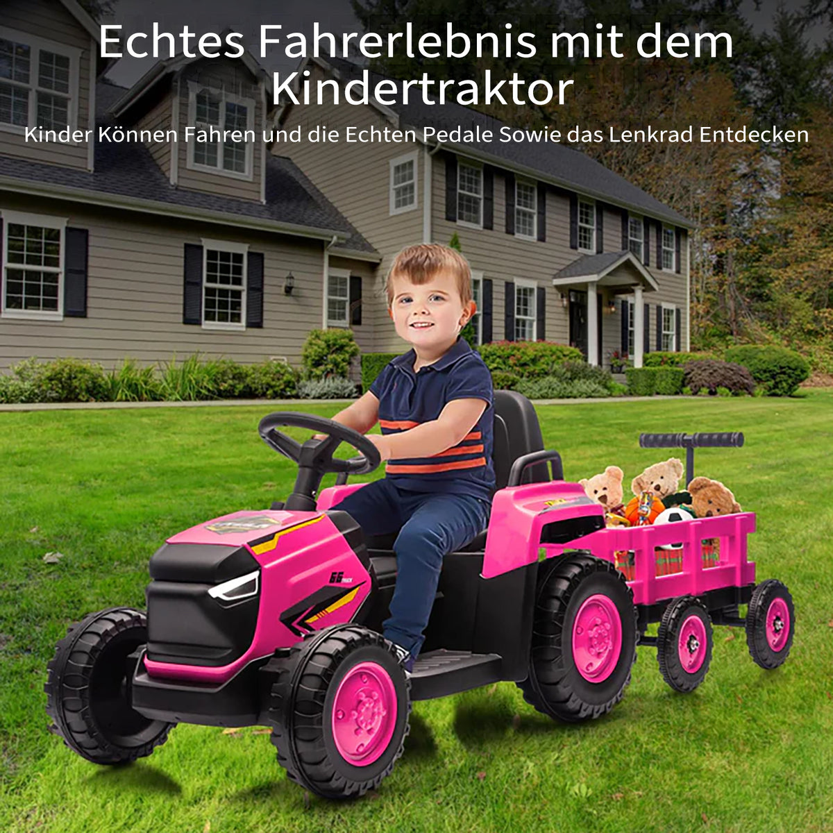 Garvee Kinder-Elektrotraktor 12 V mit Doppelmotor, 2 Geschwindigkeiten, LED-Licht, Hupe und Traktorengeräuschen, Aufsitzfahrzeug für Garten und Hof, ab 3 Jahren