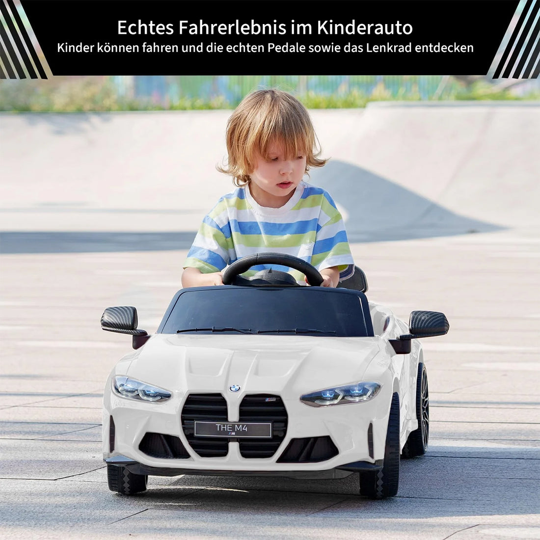 Garvee BMW M4 Kinder Elektroauto 12V, lizenzierter Elektro-Sportwagen mit Fernbedienung, Sicherheitsgurt, LED, USB/SD/Bluetooth, für Kinder 3–8 Jahre, Weiß