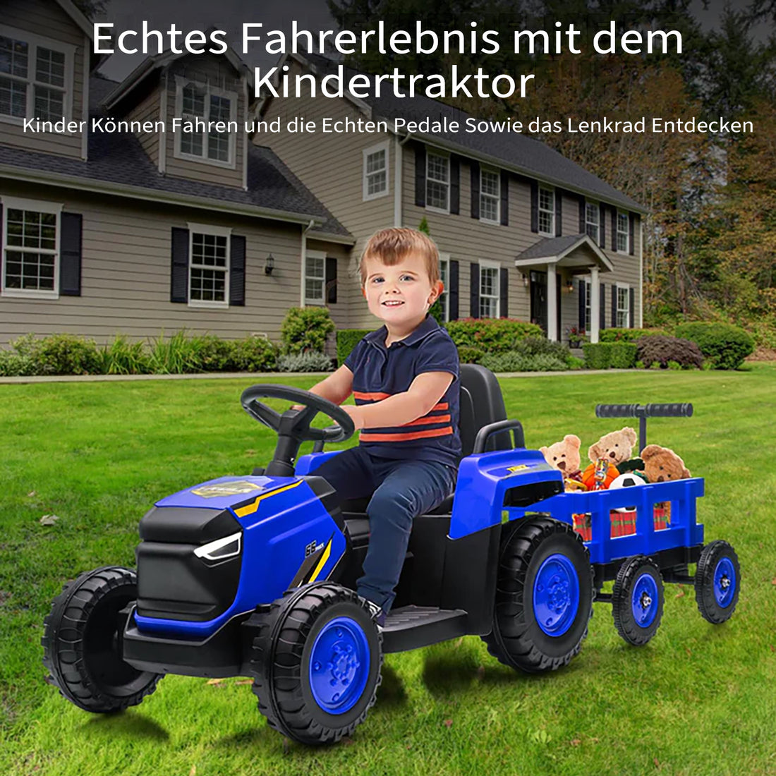 Garvee Kinder Elektrotraktor 12V, Doppelmotor, abnehmbarer Anhänger, Selbstfahrmodus und Eltern-Fernbedienung, LED-Licht und Musik, ab 3 Jahren