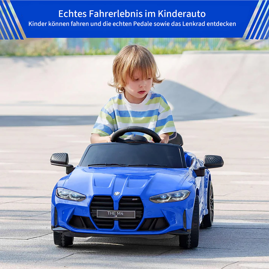 Garvee BMW M4 Kinder Elektroauto 12V, lizenzierter Elektro-Sportwagen mit Fernbedienung, Sicherheitsgurt, LED, USB/SD/Bluetooth, für Kinder 3–8 Jahre, Blau
