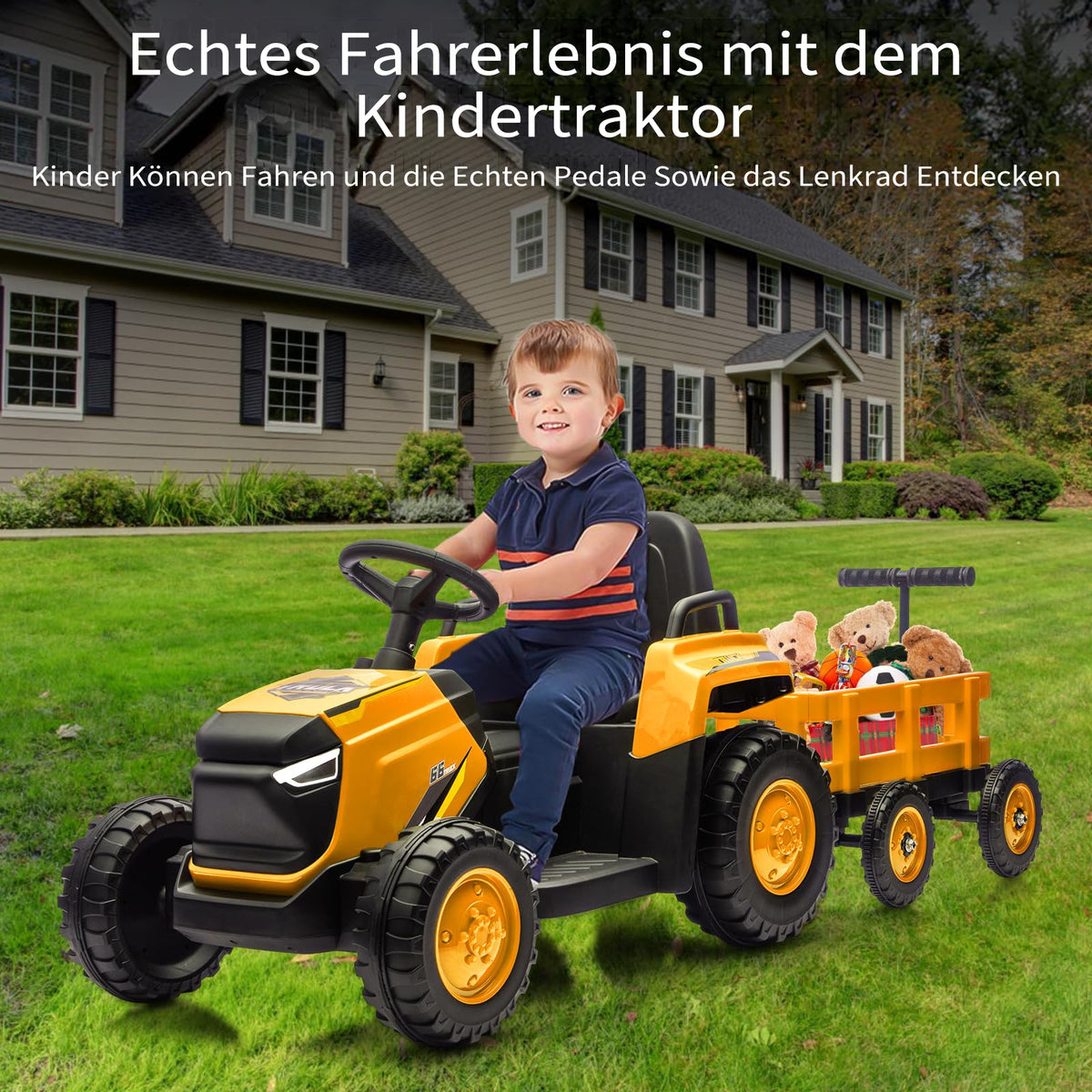 Garvee Kinder-Elektrotraktor 12 V mit Doppelmotor, 2 Geschwindigkeiten, LED-Licht, Hupe und Traktorengeräuschen, Aufsitzfahrzeug für Garten und Hof, ab 3 Jahren