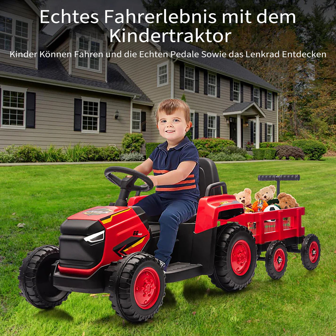 Garvee Kinder Elektrotraktor 12V, Doppelmotor, abnehmbarer Anhänger, Selbstfahrmodus und Eltern-Fernbedienung, LED-Licht und Musik, ab 3 Jahren