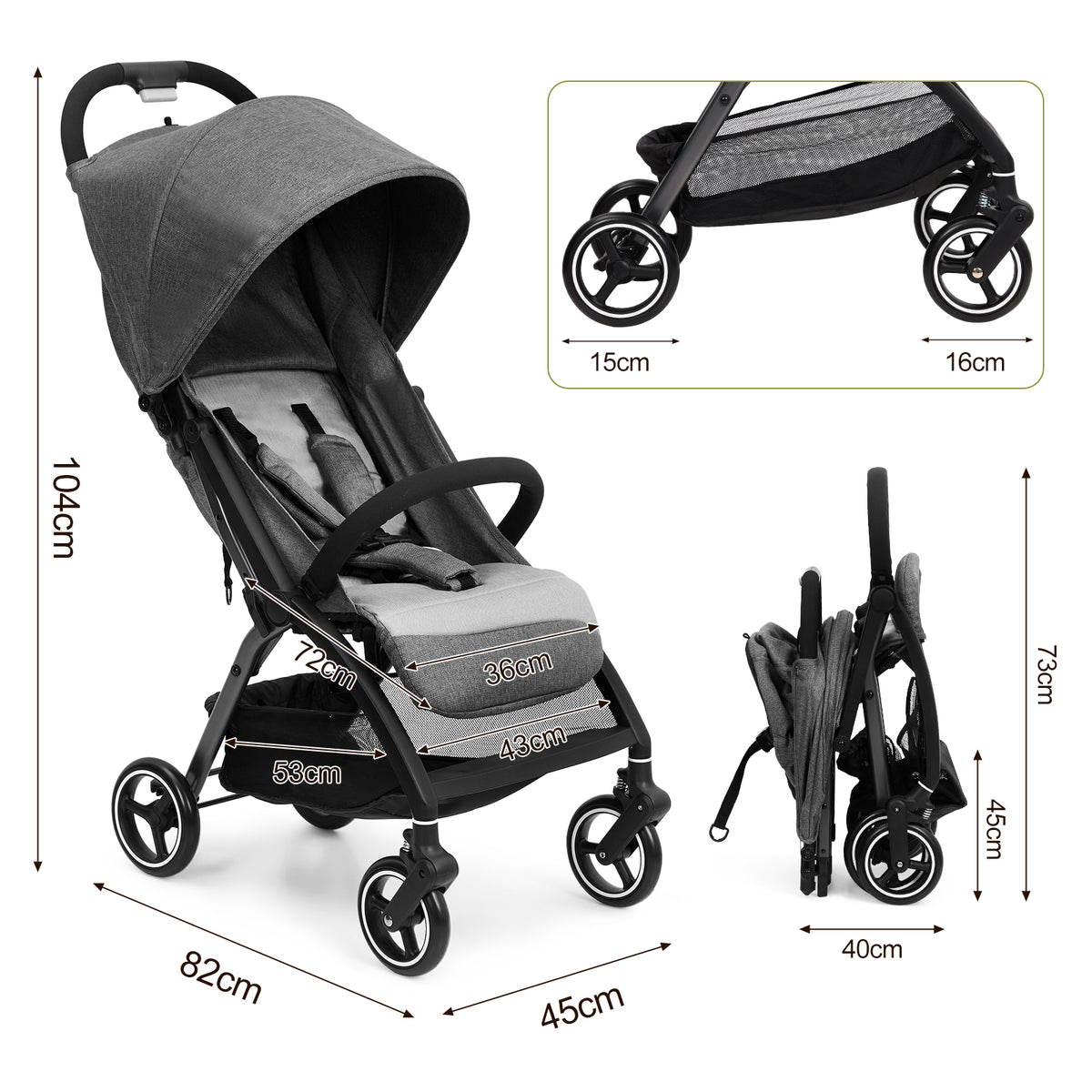 GARVEE Faltbarer Kinderwagen für Babys 0–36 Monate, Leichter Reisebuggy mit Verstellbarer Rückenlehne, Komfortabel und Platzsparend, Grau