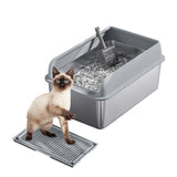 Garvee Katzenklo XXL mit Edelstahlwanne, Katzentoilette 60 × 40 × 30 cm mit Deckel, hohem Rand, Auslaufschutz und Antihaftbeschichtung, Streufang-Trittfläche & Streuschaufel - Grau