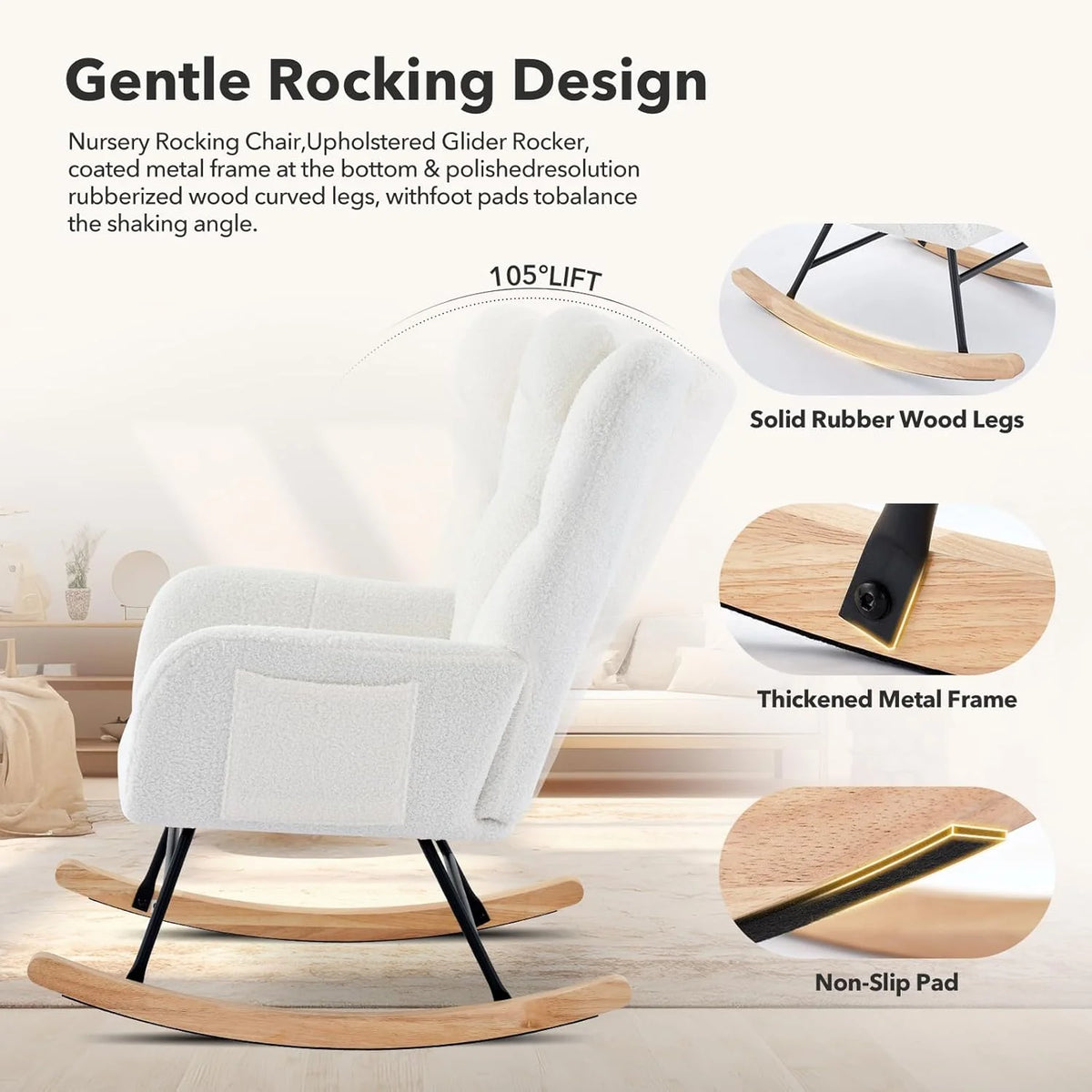 Garvee Schaukelstuhl Teddy Design, Hohe Rückenlehne, Weicher Plüsch, Modern, Komfortabel, Für Wohnzimmer & Schlafzimmer