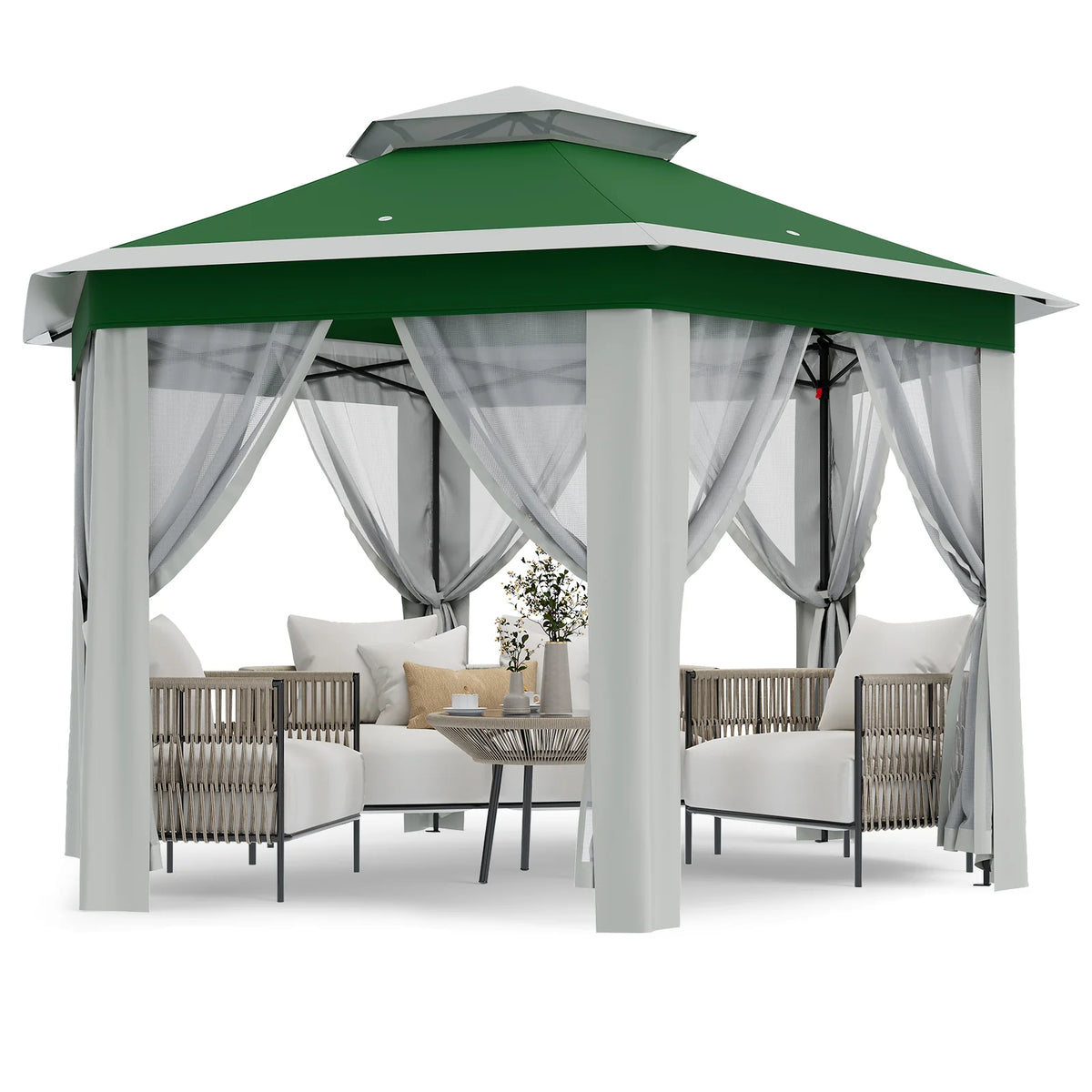 Garvee Hexagon Pavillon 4×4 m, Mit Moskitonetz, Wasserdicht, UV-Schutz, Höhenverstellbar, Grün