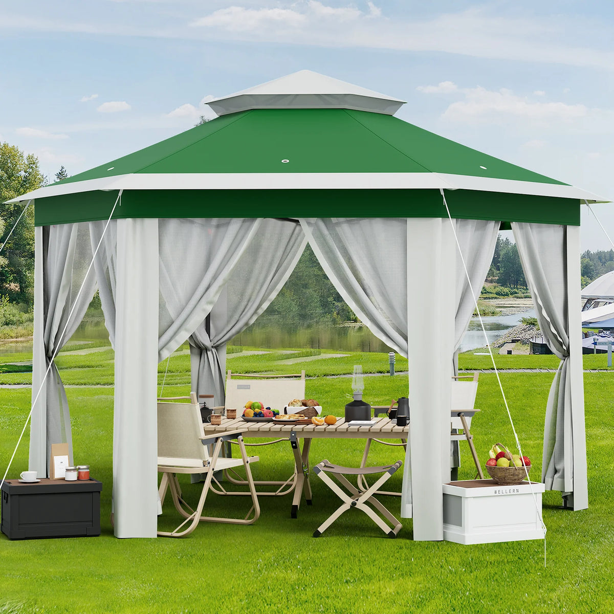 Garvee Hexagon Pavillon 4×4 m, Mit Moskitonetz, Wasserdicht, UV-Schutz, Höhenverstellbar, Grün