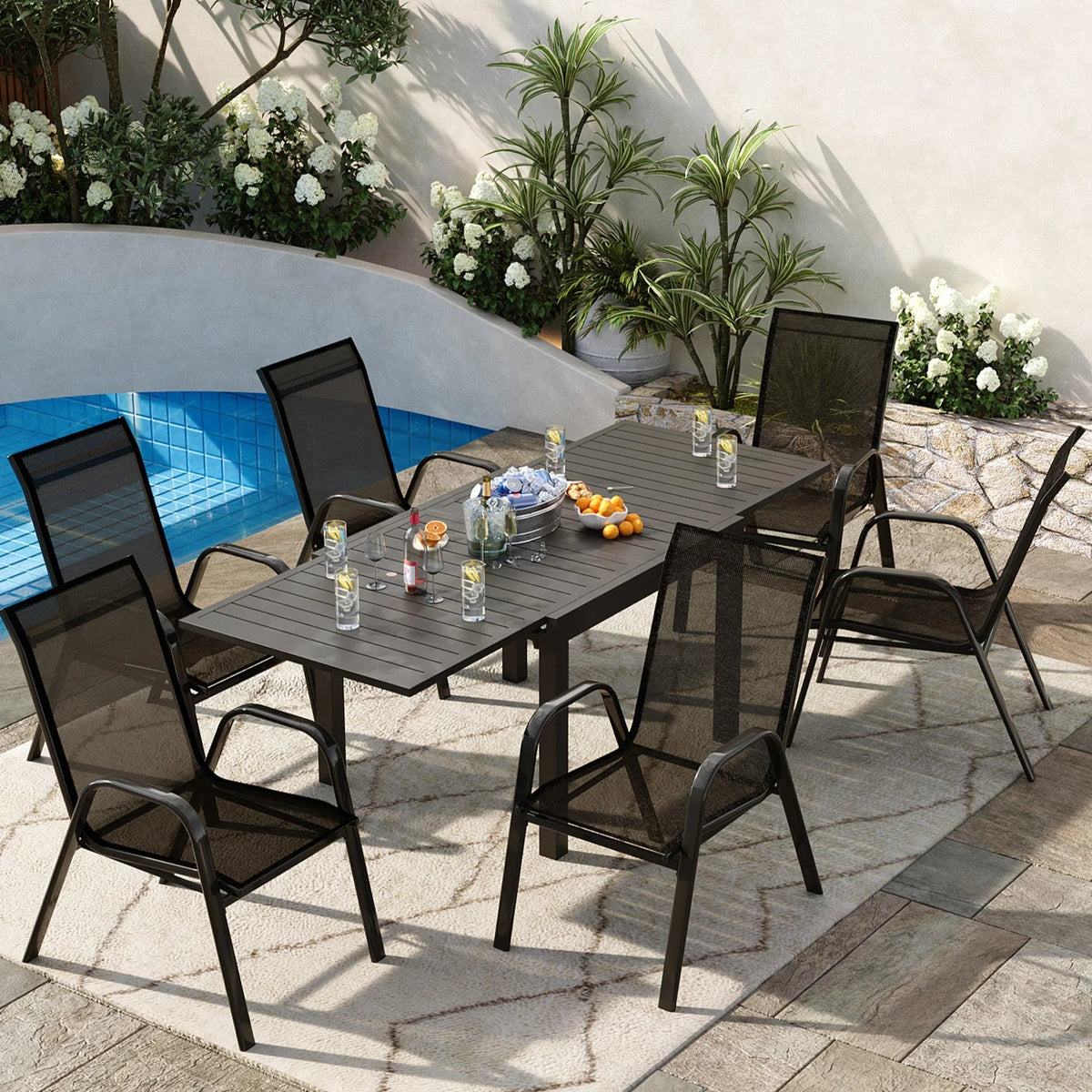 Garvee Stapelstühle Outdoor Set 4, Metallrahmen, Textilene, Atmungsaktiv, Für Garten & Terrasse, Schwarz