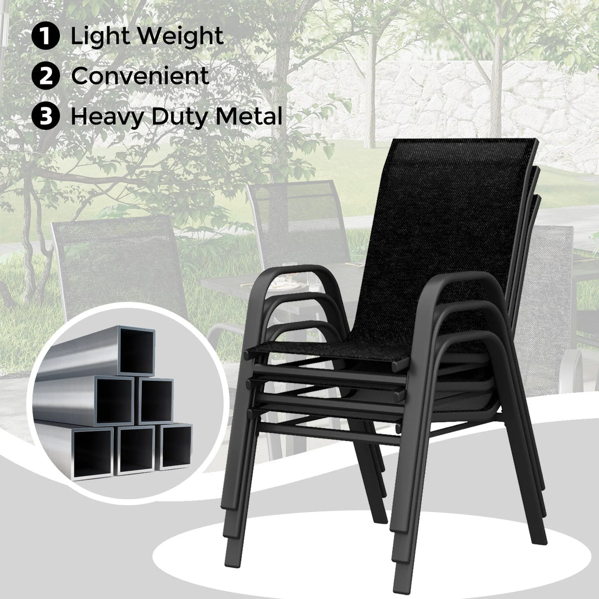 Garvee Stapelstühle Outdoor Set 4, Metallrahmen, Textilene, Atmungsaktiv, Für Garten & Terrasse, Schwarz