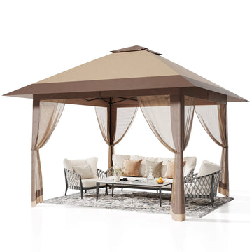 GARVEE Pop-Up Gazebo 4×4 m, Faltpavillon mit Moskitonetz, Robustes Stahlgestell, Wetterfest und Stabil für Garten, Terrasse und Outdoor-Events, Khaki