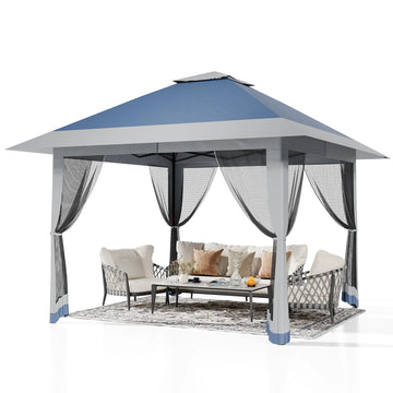 GARVEE Pop-Up Gazebo 4×4 m, Faltpavillon mit Moskitonetz, Robustes Stahlgestell, Wetterfest und Stabil für Garten, Terrasse und Outdoor-Events, Marineblau
