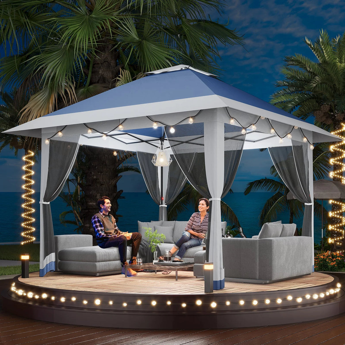 GARVEE Pop-Up Gazebo 4×4 m, Faltpavillon mit Moskitonetz, Robustes Stahlgestell, Wetterfest und Stabil für Garten, Terrasse und Outdoor-Events, Marineblau