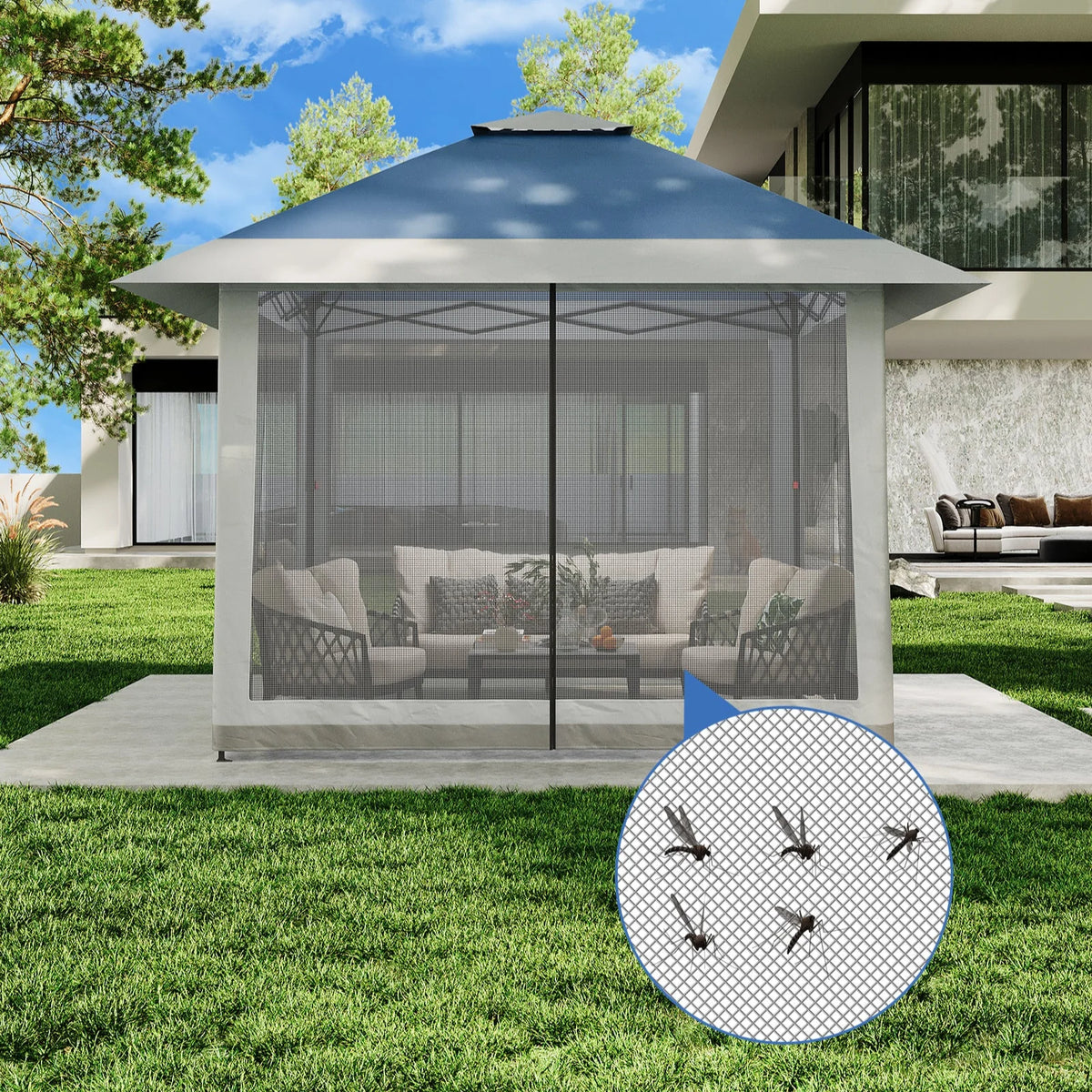 GARVEE Pop-Up Gazebo 4×4 m, Faltpavillon mit Moskitonetz, Robustes Stahlgestell, Wetterfest und Stabil für Garten, Terrasse und Outdoor-Events, Marineblau