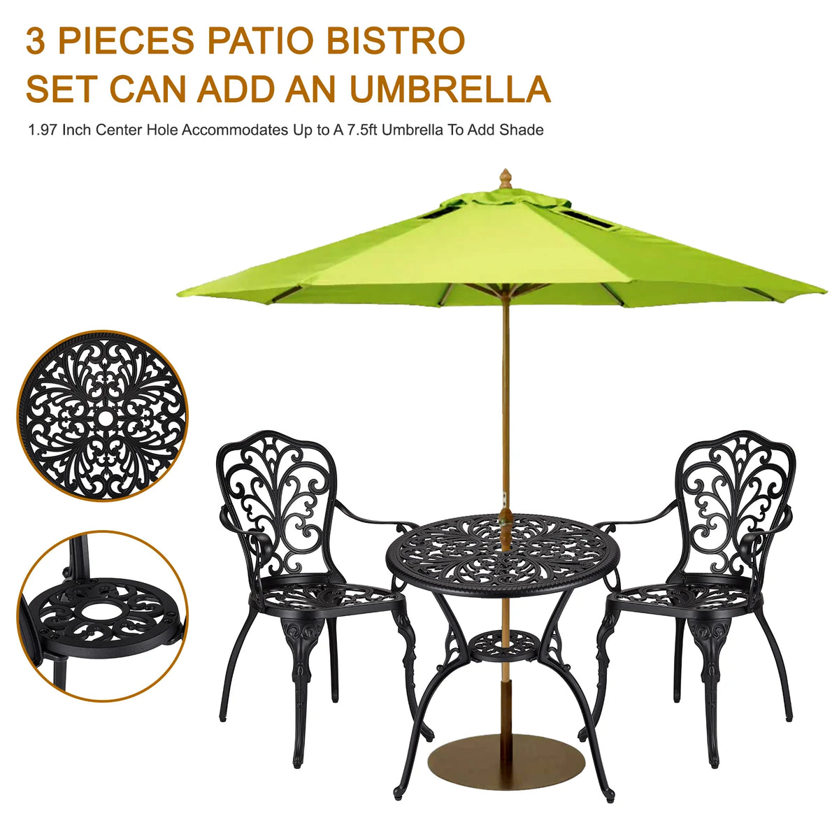 Garvee Bistro Set 3 Teilig, Gussaluminium, Mit Schirmloch, Retro Messing, Für Garten & Balkon