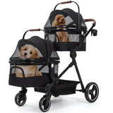 Garvee 2-Etagen-Hundebuggy für 2 Haustiere bis 22 kg, faltbarer 3-in-1-Tierwagen mit abnehmbaren Transportboxen, EVA-Rädern, Federung und Bremse, Schwarz - Schwarz
