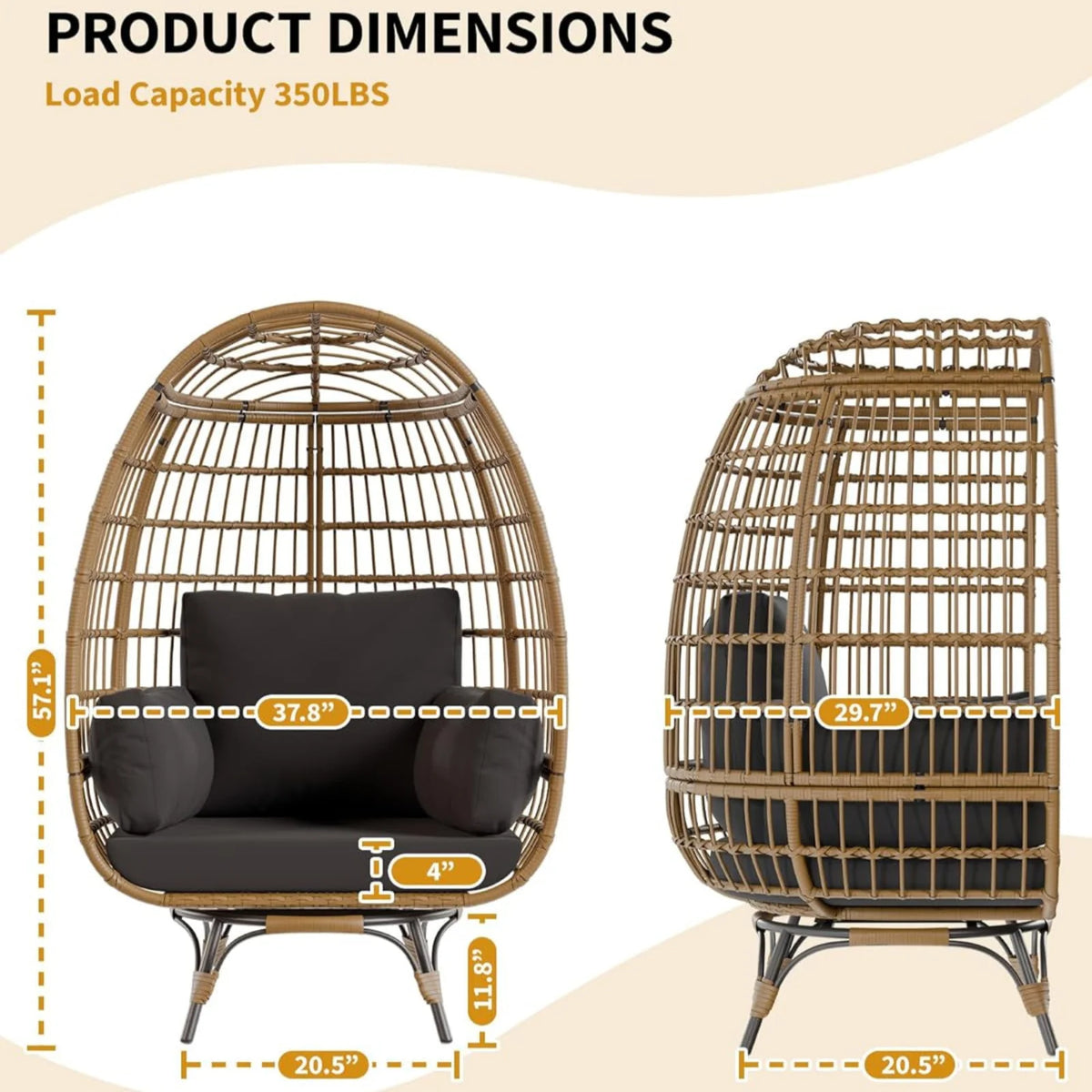 Garvee Rattan Ei Stuhl 360° Drehbar, Mit Kissen, Stahlrahmen, Für Innen & Außen, Braun+Schwarz