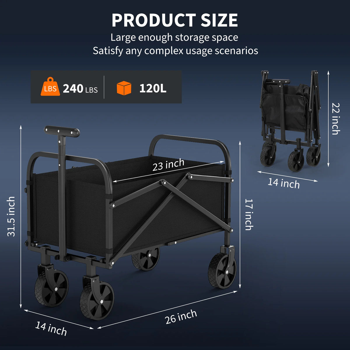 Garvee Faltbarer Bollerwagen 220 L, bis 109 kg, mit All-Terrain-Rädern & 600D Oxford-Gewebe, für Camping, Garten & Outdoor
