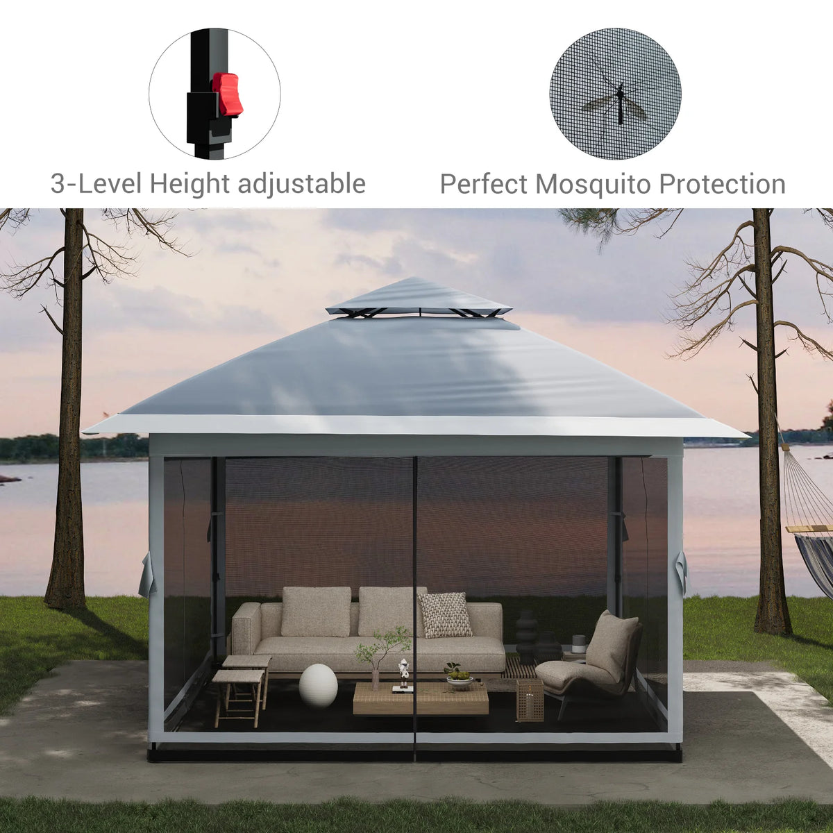 GARVEE Pop-Up Gazebo 4×4 m, Faltpavillon mit Moskitonetz, Robustes Stahlgestell, Wetterfest und Stabil für Garten, Terrasse und Outdoor-Events, Grau
