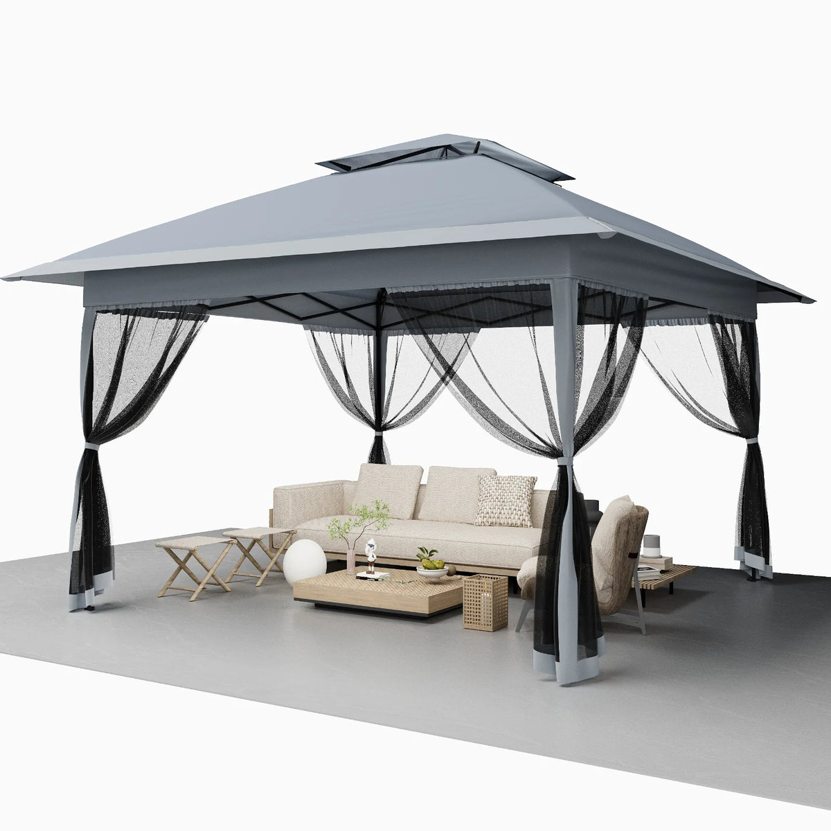 GARVEE Pop-Up Gazebo 4×4 m, Faltpavillon mit Moskitonetz, Robustes Stahlgestell, Wetterfest und Stabil für Garten, Terrasse und Outdoor-Events, Grau