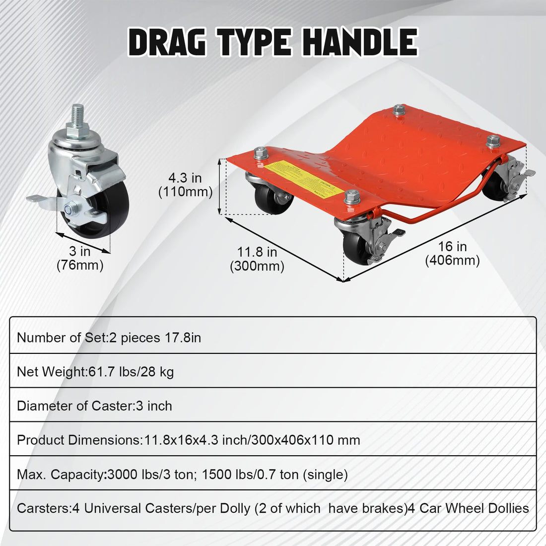 Garvee Auto-Rangierhilfe 2er-Set, 1.360 kg Gesamttragkraft, 5 mm Stahlplattform, 360° Rollen mit Bremse, Orange