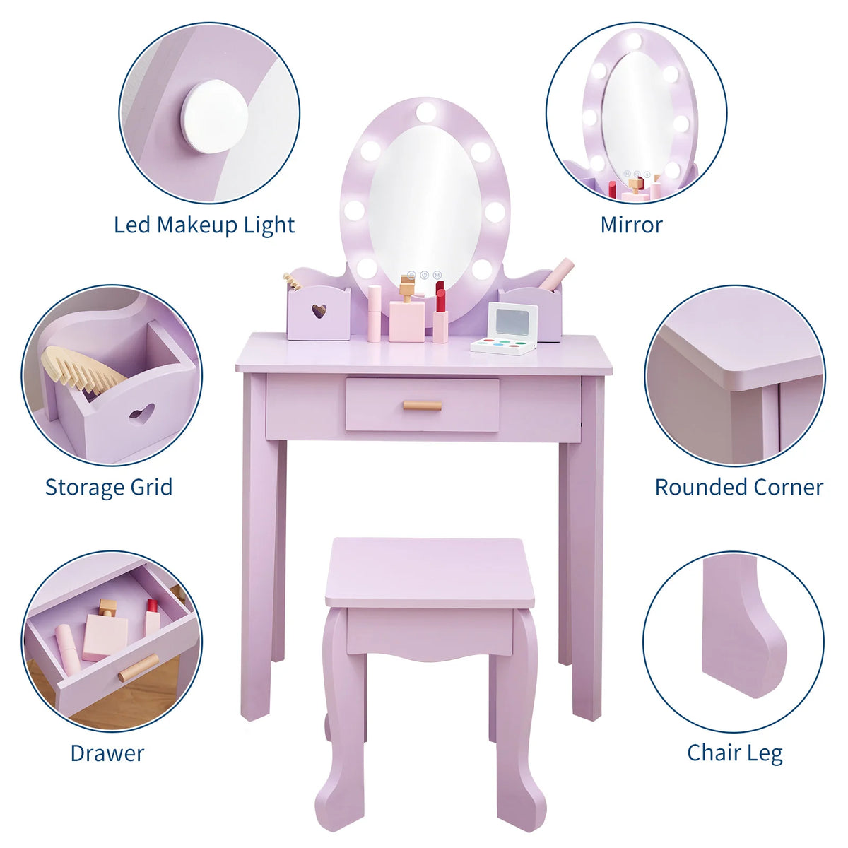 Garvee Kinder Schminktisch Set Mit LED Spiegel & Hocker, MDF Holz, Lila, Für 4–9 Jahre
