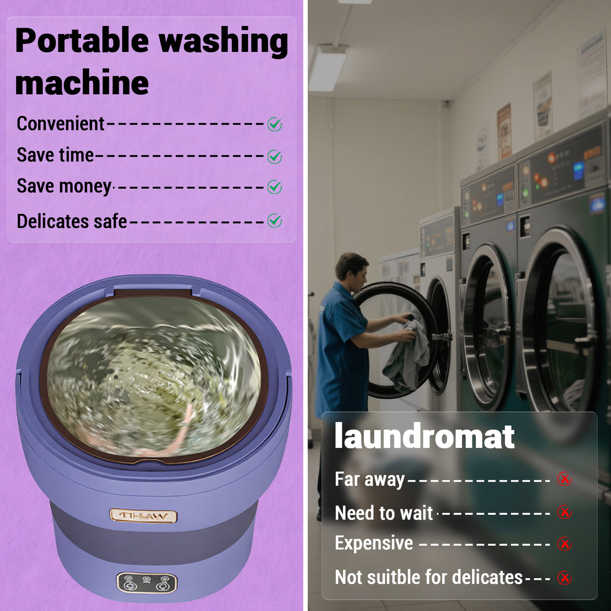 Garvee Mini Waschmaschine 12 L, 2-in-1 Mit Schleuder, Faltbar, Leise, Für Wohnung & Camping, Lila