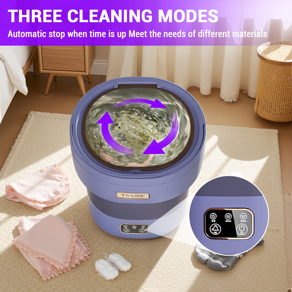 Lila Mini Waschmaschine mit 3 Reinigungsmodi